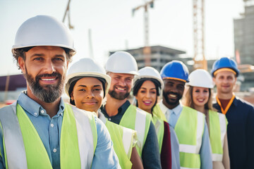 
Diverse team of professionals on a construction site, including engineers, architects and workers, wearing safety helmets and reflective vests, standing together with blueprints and tablets, smiling 