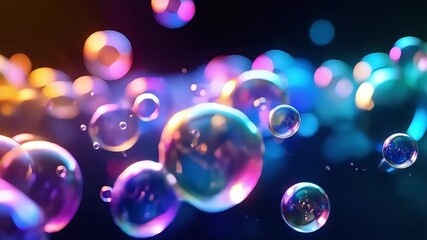 Ethereal, iridescent soap bubbles float and shimmer with vibrant, glowing neon colors against a dark, blurred background, creating a mesmerizing, abstract visual effect. - Powered by Adobe