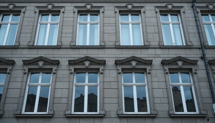 Fototapeta premium Grey building facade with multiple windows and reflections