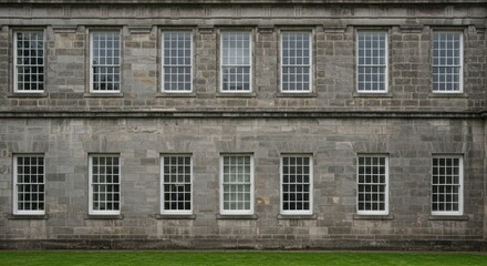 Fototapeta premium Grey stone building facade with twelve evenly spaced sash windows and grass