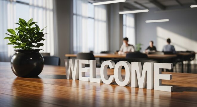 WELCOME" on a wooden desk with a plant, office space with people in the back