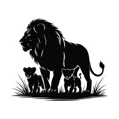 Majestic Lion and Cubs Silhouette Illustration with Striking Design Elements on white background