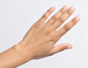 A light-skinned hand outstretched against a plain background