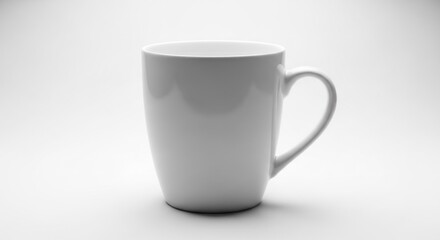 Fototapeta premium White ceramic mug with handle, smooth finish, sits on a bright white surface