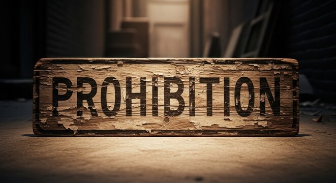 Weathered wooden "Prohibition" sign on ground in a dark alleyway