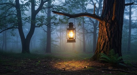 Glowing Lantern Illuminates Misty Forest Floor, Hanging from Tre