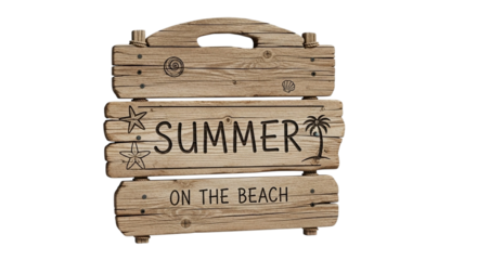 Rustic wooden sign announcing summer on the beach with palm tree illustration