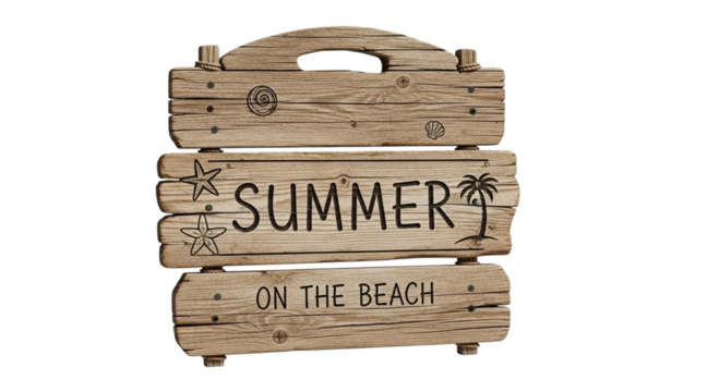 Rustic wooden sign announcing summer on the beach with palm tree illustration
