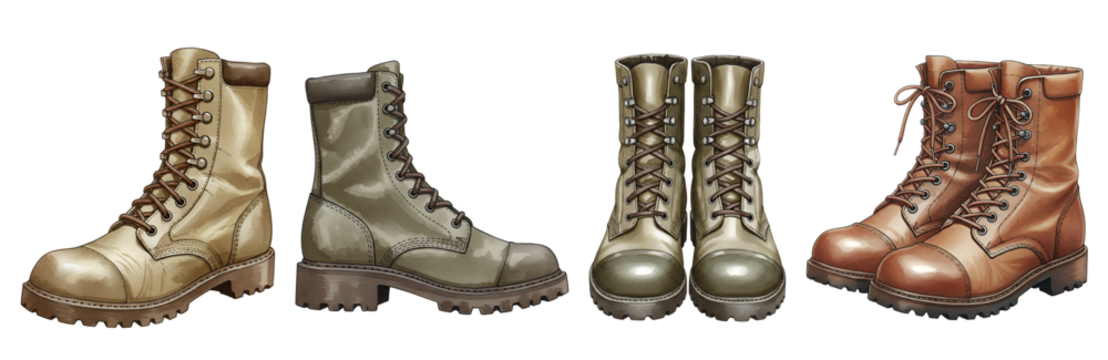 Sturdy laced combat boots in tan, olive, and brown shades showcasing rugged style and durability with transparent background