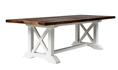 Rustic dining table with a dark wood top and white legs