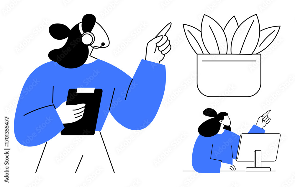 Poster support agent wearing a headset managing tasks with clipboard, pointing to idea, computer usage, pot