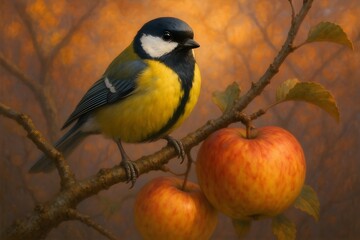 Great Tit Bird Perched on Apple Branch Illustration