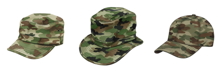Three military-style camouflage hats displayed from different angles, perfect for outdoor adventures with transparent background