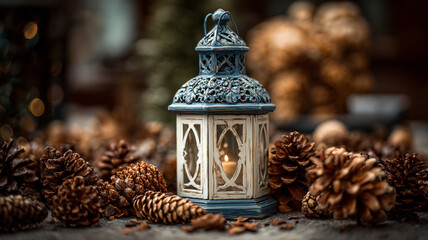 Decorative Christmas lantern surrounded by pine cones creates cozy and festive atmosphere. intricate design of lantern adds elegance to rustic setting, enhancing holiday spirit