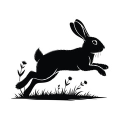 Elegant silhouette of a black rabbit jumping over grass and wildflowers with a clean background