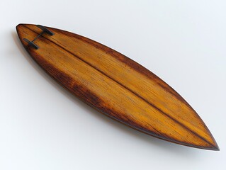 Wooden surfboard with two fins, warm lighting, centered on white background
