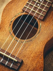 Wooden ukulele body detail, strings, fretboard, sound hole
