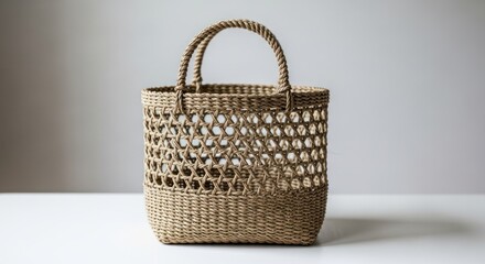 Woven beige bag with circular openings against white backdrop