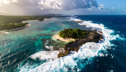 Aerial view of a tropical island, surrounded by turquoise waters, coral reefs, and crashing waves under a cloudy sky