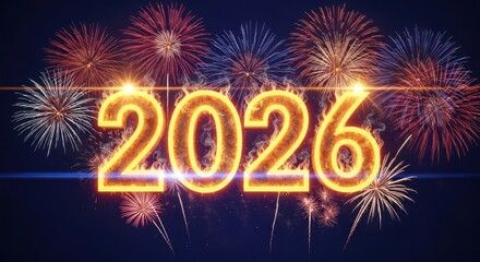 Year 2026 in glowing numbers set against fireworks against a dark backdrop