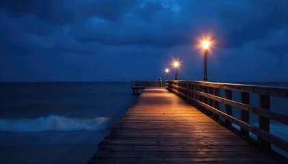 Fototapeta premium A charming coastal pier light illuminates the night, casting a warm glow on the wooden planks and surrounding sea Perfect for nautical, coastal, and seaside themes , harbor scene, seaside scene
