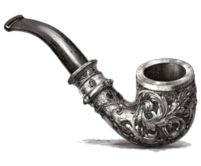 Ornate smoking pipe, dark gray and silver, detailed carvings