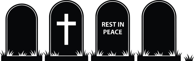 Tombstone gravestone vector illustration set, RIP and cross engraved grave markers, cemetery death icon, memorial stone, funeral mourning concept art