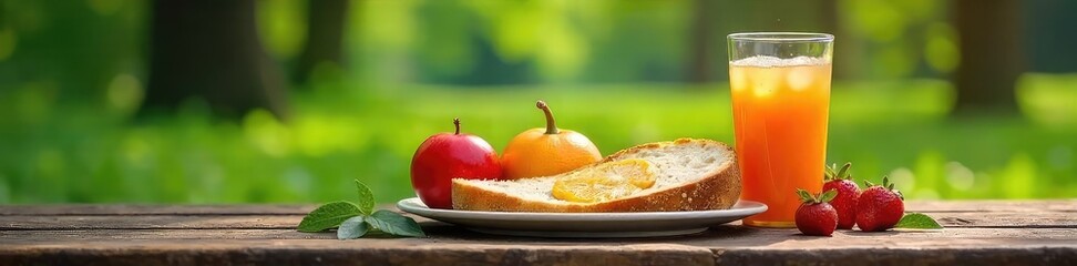 A delicious and healthy bench meal enjoyed outdoors, featuring fresh bread, vibrant fruits, and a refreshing beverage Perfect for a picnic or a casual lunch break in nature , sustenance, gourmet