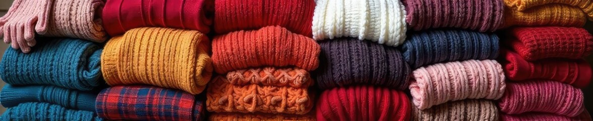 Cozy Winter Clothing Pile Knit Sweaters, Hats, Scarves & Gloves Neatly Stacked, Ready for Cold Weather. Perfect for Seasonal Lifestyle Photography.