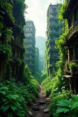 A lush, overgrown cityscape; nature reclaiming urban spaces Buildings are half-hidden by vibrant, untamed vegetation A post-natural landscape of serene decay , roots, surrealism
