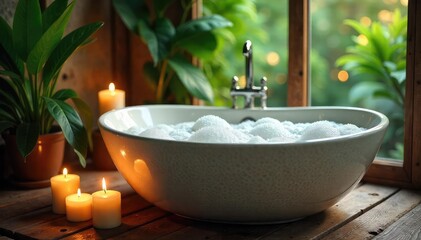 Luxurious Bubble Bath Serene Spa Experience with Candles and Greenery ? Perfect for Relaxation and Self-Care