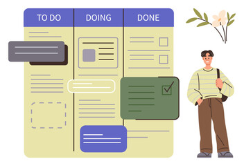 Kanban board segmented into to-do, doing, done columns with task cards and a checklist. Individual holds bag near organized board. Ideal for workflow, planning, team collaboration, productivity, task © robu_s