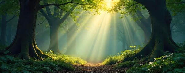 A mystical forest scene, sunbeams filtering through the leaves, creating a magical, ethereal atmosphere The air is still, a sense of peace and tranquility pervades the ancient woodland , fresh, yoga