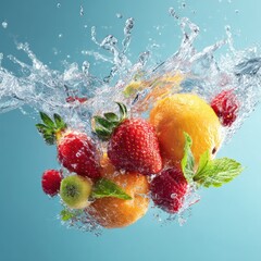 fresh juicy fruits with leaf splash high speed photo