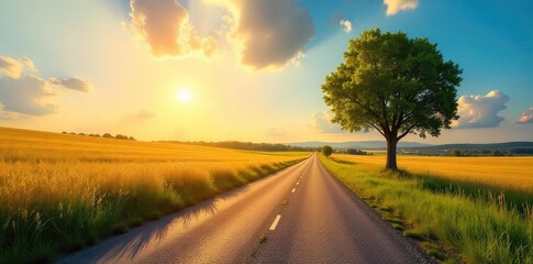 Scenic Country Road Stretching to the Horizon on a Sunny Day, Golden Sunlight Bathes the Peaceful Landscape, Perfect for Travel and Summer Themes