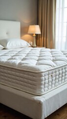 A plush, inviting mattress sits neatly on a crisp white bed frame, ready for a restful night's sleep The soft lighting enhances the luxurious texture and comfort , home decor, healthy sleep