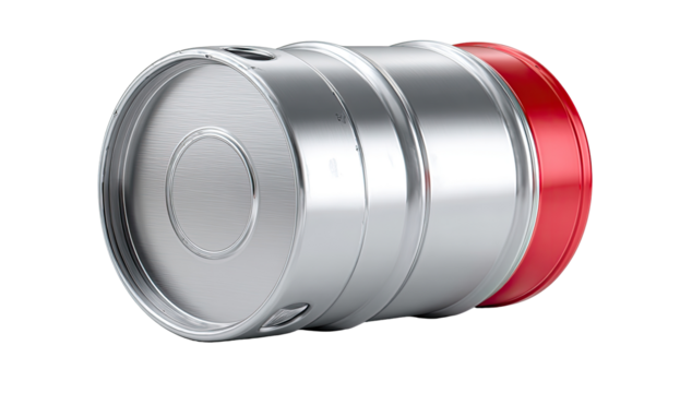 Stainless steel beer keg, side view.  Red band around top