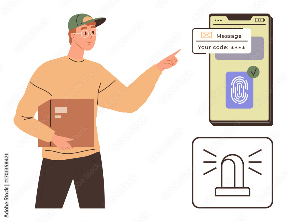 Poster man holding a package points to a smartphone screen with fingerprint authentication and code message