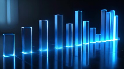 A futuristic 3D bar chart with glowing blue translucent columns representing data growth on a reflective surface. - Powered by Adobe