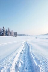 A serene landscape of untouched, white snow blanketing a vast, empty field under a clear, winter sky The scene evokes a sense of quiet solitude and pristine natural beauty , blizzard, glacial