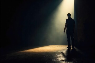 A shadowy figure emerges from darkness, illuminated by a single, unexpected light source, casting long, dramatic shadows A sense of mystery and sudden revelation pervades the scene , fright, occult