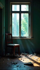 A shattered window, a broken chair, and scattered debris litter a room, evidence of a violent crime scene The image conveys a sense of chaos and destruction , catastrophe, crime