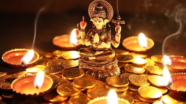Sacred Goddess Lakshmi Idol Illuminated by Flickering Diyas Amidst a Pile of Shimmering Gold Coins