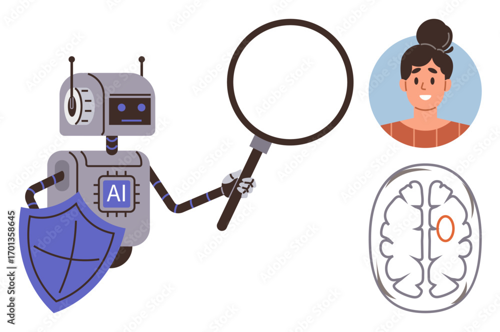 Poster robot with ai label inspecting data using magnifying glass, shield symbolizing cybersecurity, brain 