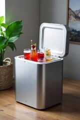 A sleek, modern electrical cooler, plugged in and ready to keep beverages refreshingly cold Perfect for home, office, or dorm room use Enjoy chilled drinks wherever you are!, white, modern
