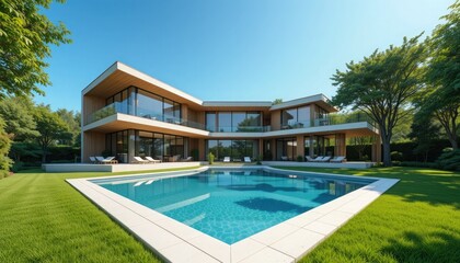 Fototapeta premium Luxury modern house with large swimming pool and manicured lawn