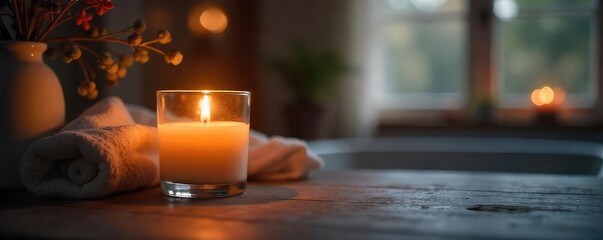 Cozy Candlelit Room Warm, Inviting Atmosphere Perfect for Home Decor, Relaxation, and Spa Themes.  Soft Lighting, Glass Candle Holder, Mantelpiece Setting.