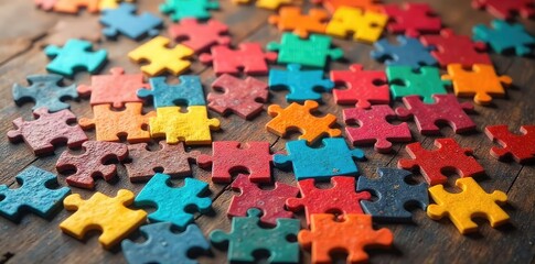 A colorful assortment of jigsaw puzzle pieces, varying in shape and size, scattered on a wooden surface, ready to be assembled into a complete image , details, wooden texture
