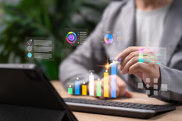 Business Growth 2026 Forecast, Businessman Using AI Technology and Data Analytics for Market Analysis, Workflow, Economic Strategy, Corporate Goal Setting, Digital Transformation,Strategic Development