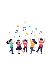 Fototapeta premium Joyful children dancing and listening to music outdoors with musical notes and hearts floating above them